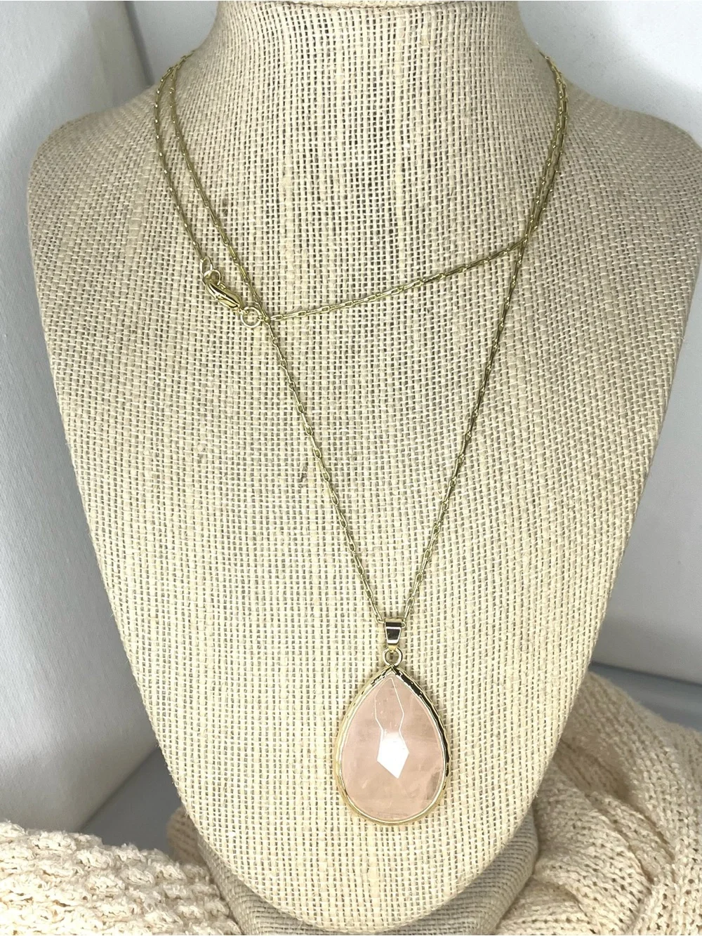 Faceted Teardrop Rose Quartz Pendant on a 29” Gold Tone Link Chain Necklace